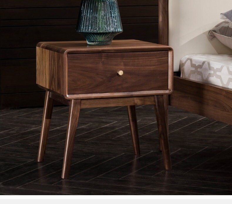 Mazonvintage-Apex Minimalistic Nightstand Black Walnut Wood Bedside Table with One Drawer