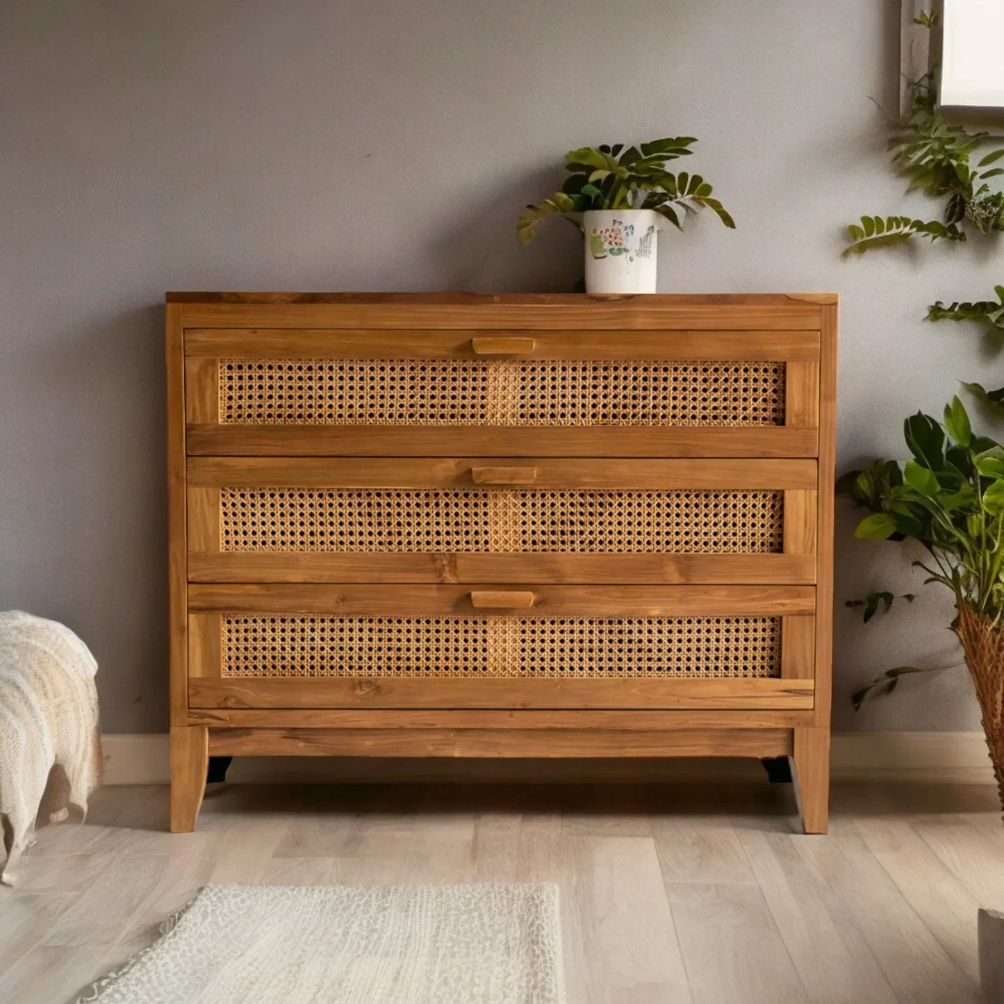 Jackson Teak Wood & Rattan Chest of Drawers