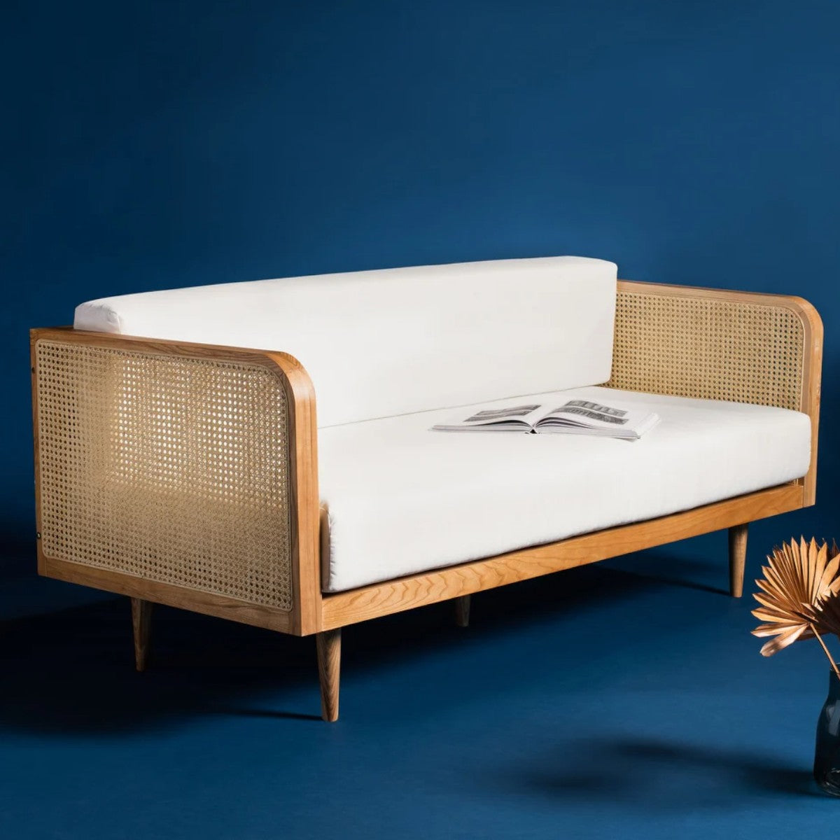Lia Teak Wood & Rattan 3 Seater Sofa