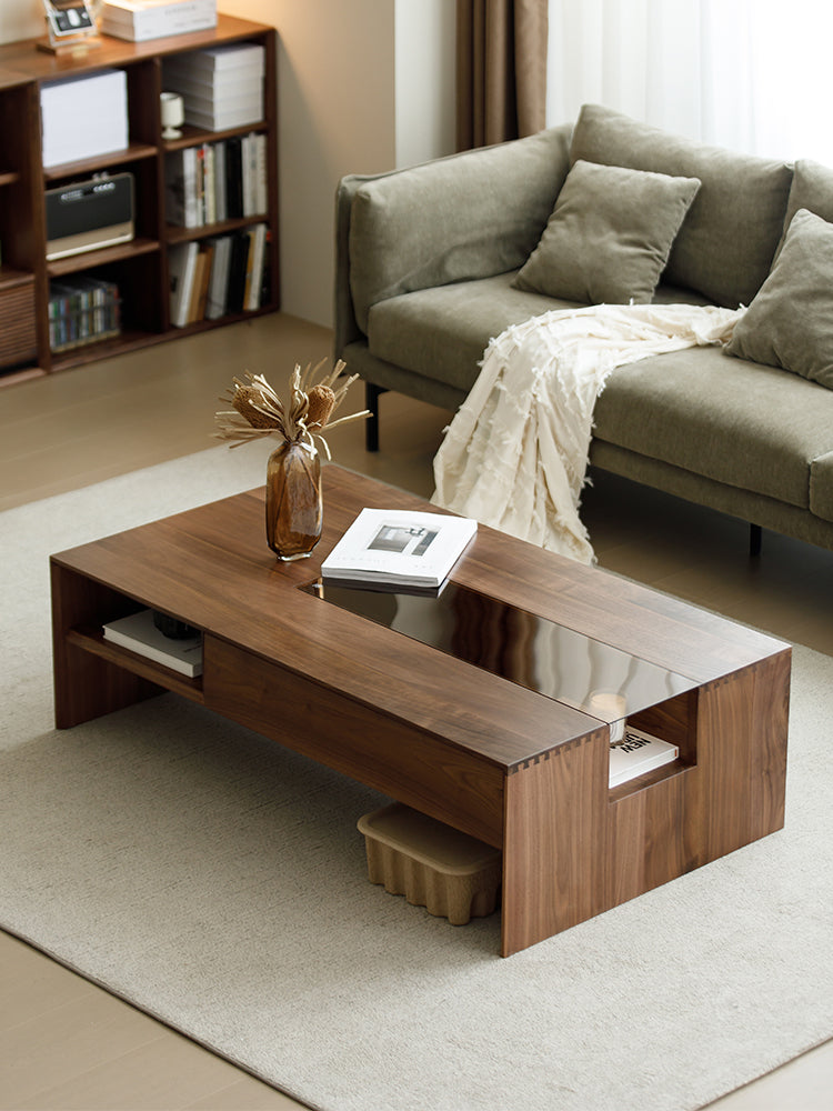 Mazonvintage-Competency Glass Multi-Layer Walnut Wood Coffee Table