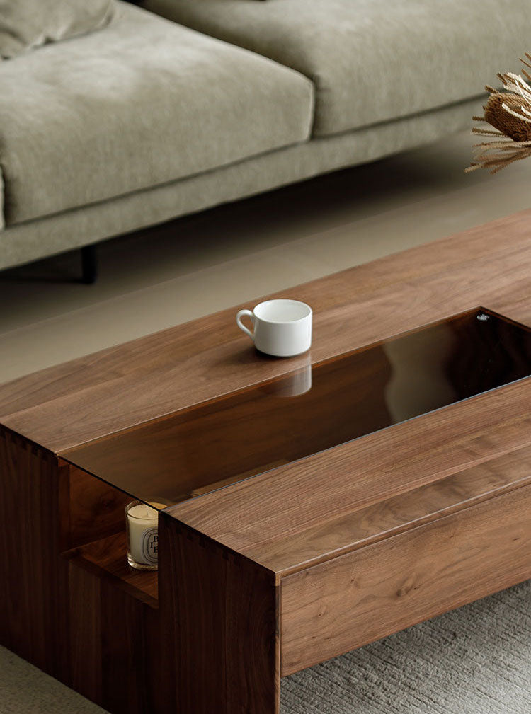 Mazonvintage-Competency Glass Multi-Layer Walnut Wood Coffee Table