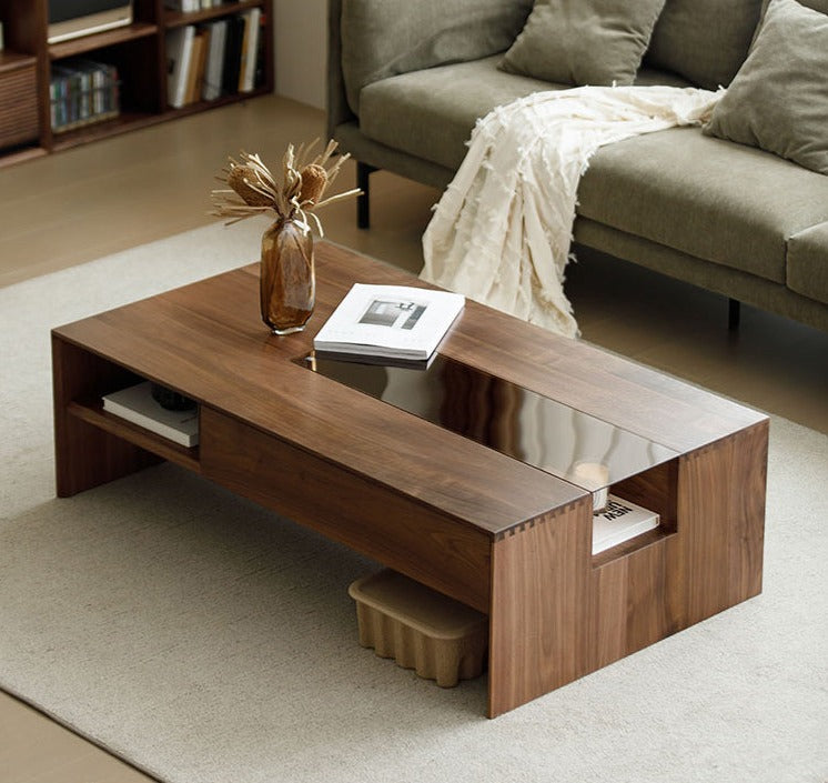 Mazonvintage-Competency Glass Multi-Layer Walnut Wood Coffee Table