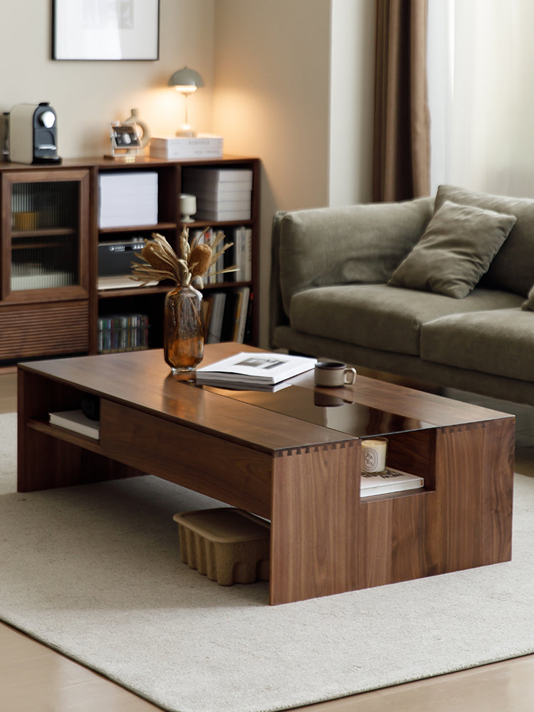Mazonvintage-Competency Glass Multi-Layer Walnut Wood Coffee Table