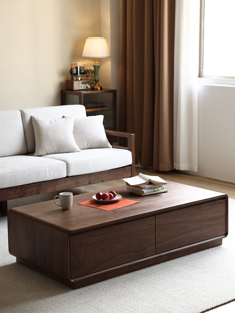 Mazonvintage-Minimalistic Design Solid Walnut Wood Coffee Table with 2 Big Drawers