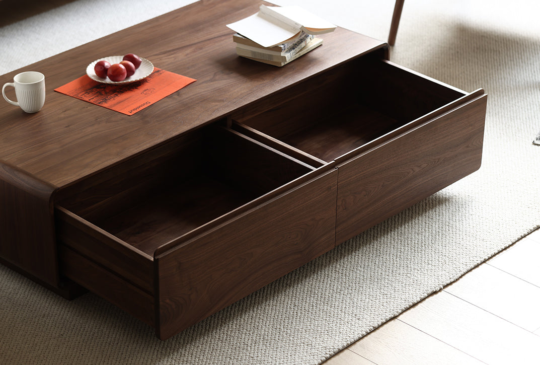 Mazonvintage-Minimalistic Design Solid Walnut Wood Coffee Table with 2 Big Drawers
