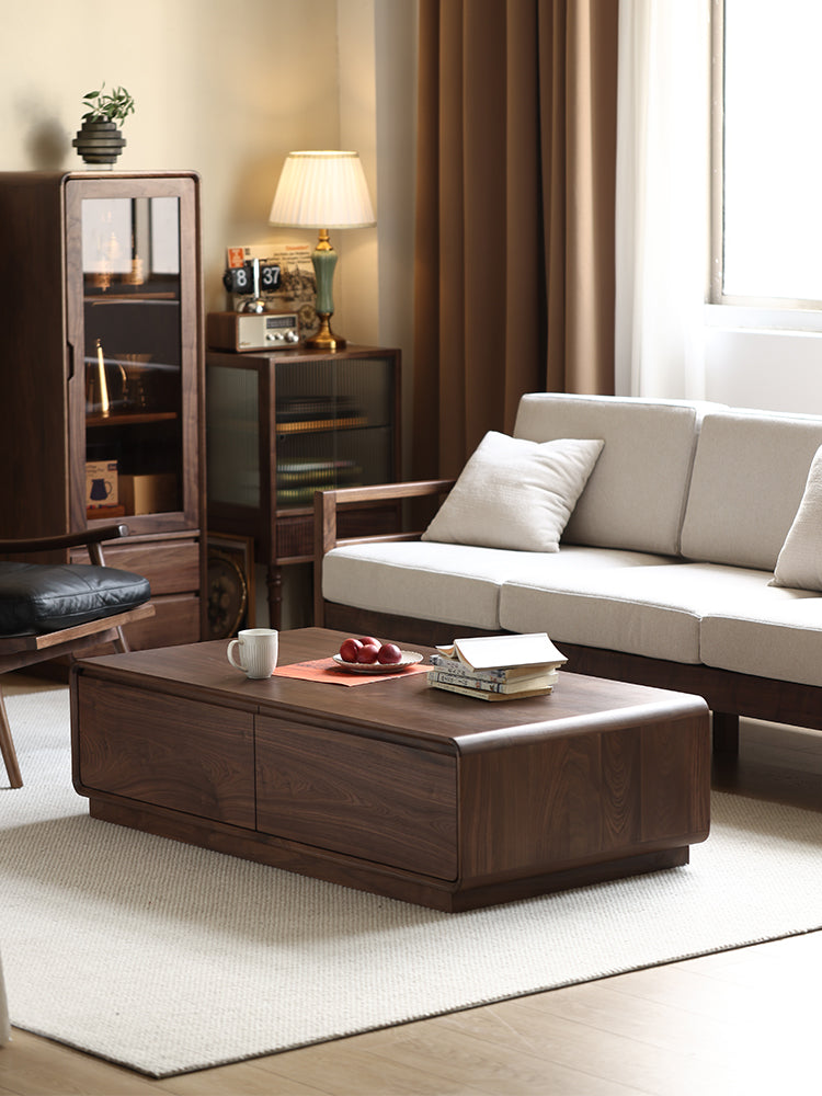 Mazonvintage-Minimalistic Design Solid Walnut Wood Coffee Table with 2 Big Drawers