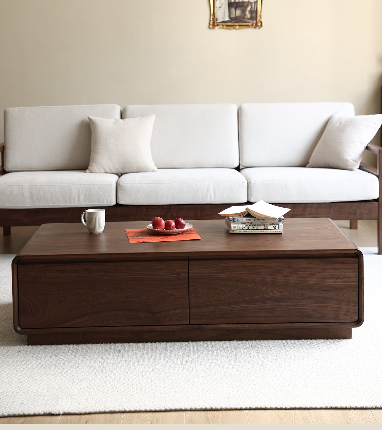 Mazonvintage-Minimalistic Design Solid Walnut Wood Coffee Table with 2 Big Drawers