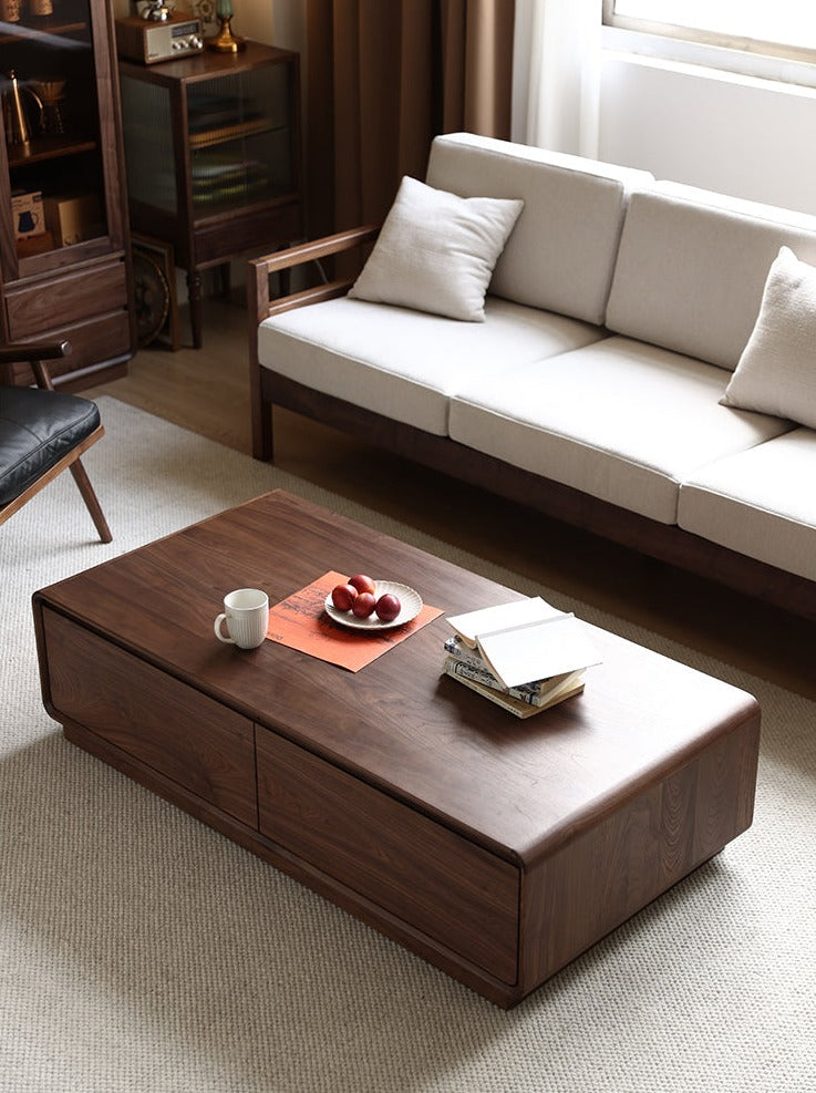 Mazonvintage-Minimalistic Design Solid Walnut Wood Coffee Table with 2 Big Drawers