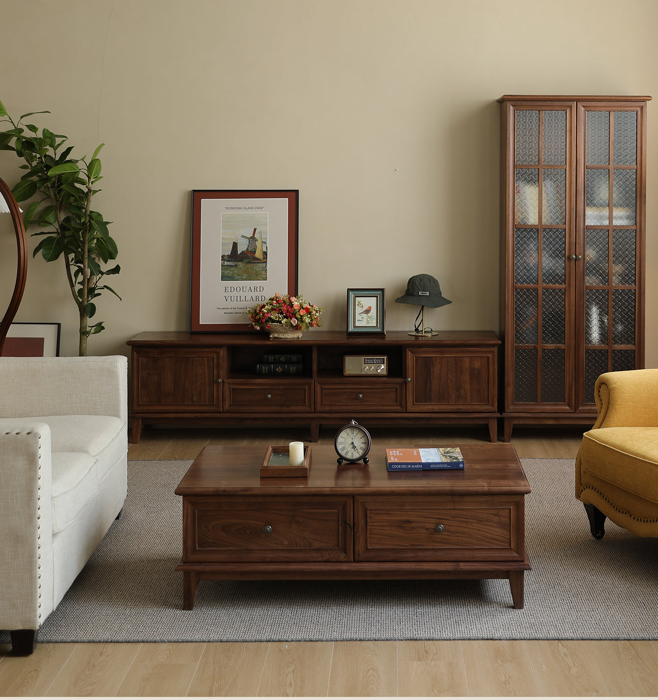 Mazonvintage-American Retro Black Walnut Wood Coffee Table with 2 Drawers