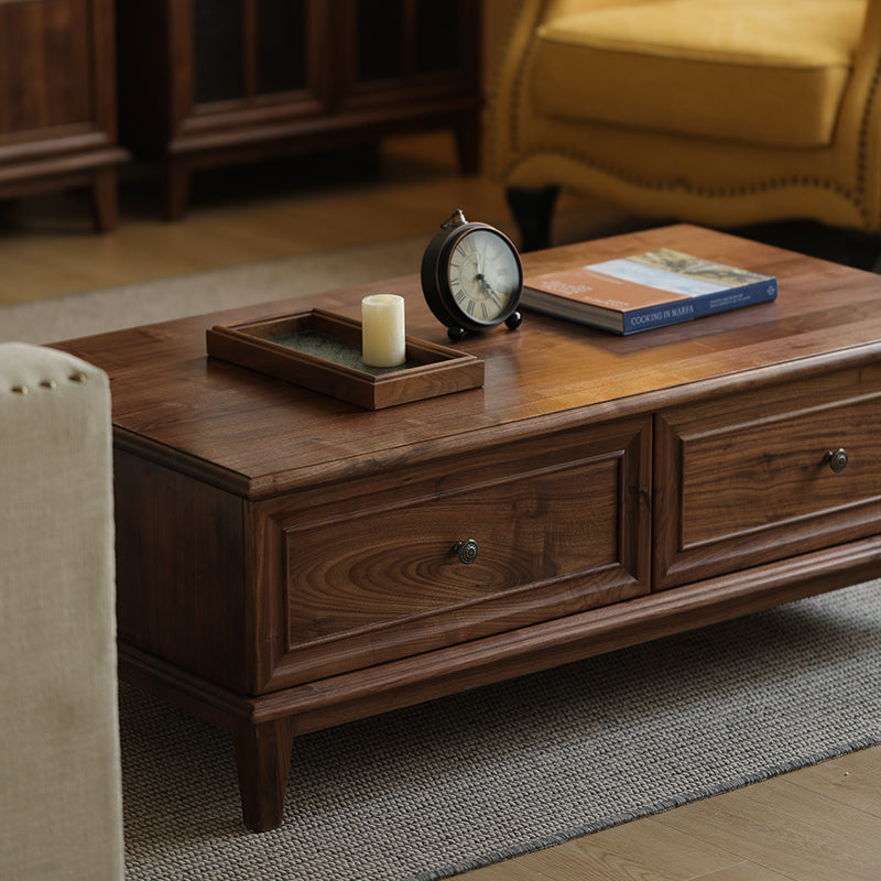 Mazonvintage-American Retro Black Walnut Wood Coffee Table with 2 Drawers
