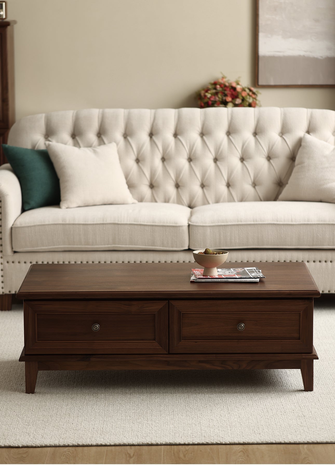 Mazonvintage-American Retro Black Walnut Wood Coffee Table with 2 Drawers