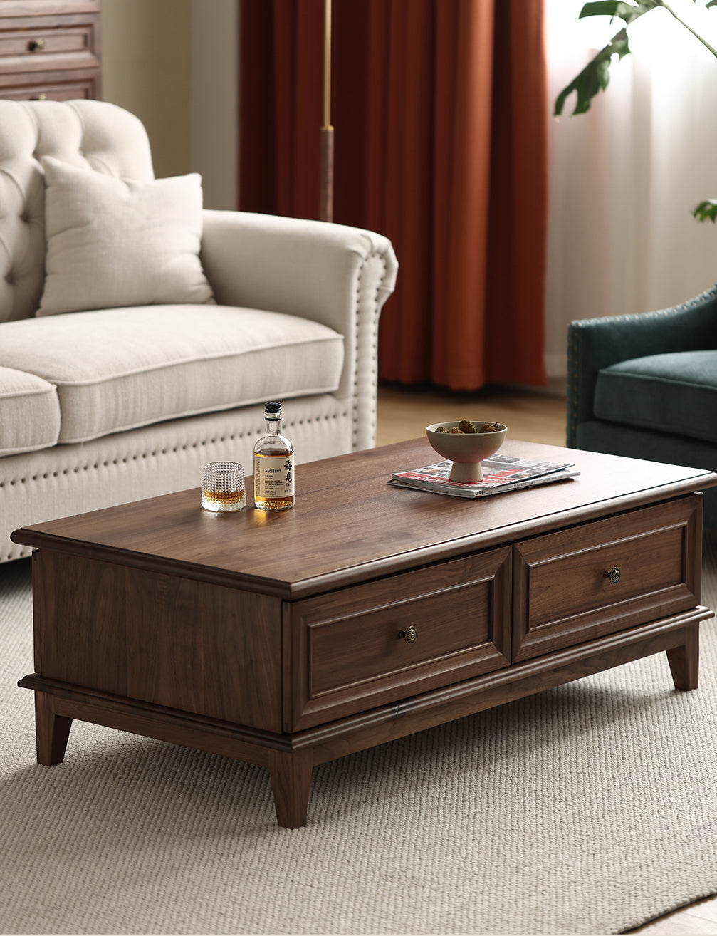 Mazonvintage-American Retro Black Walnut Wood Coffee Table with 2 Drawers