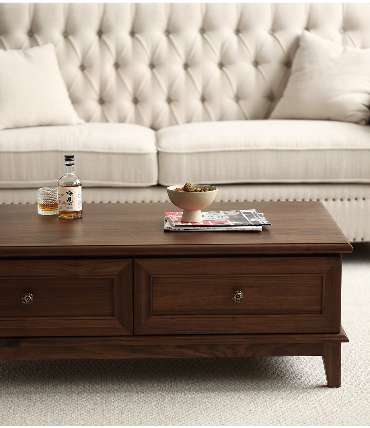 Mazonvintage-American Retro Black Walnut Wood Coffee Table with 2 Drawers