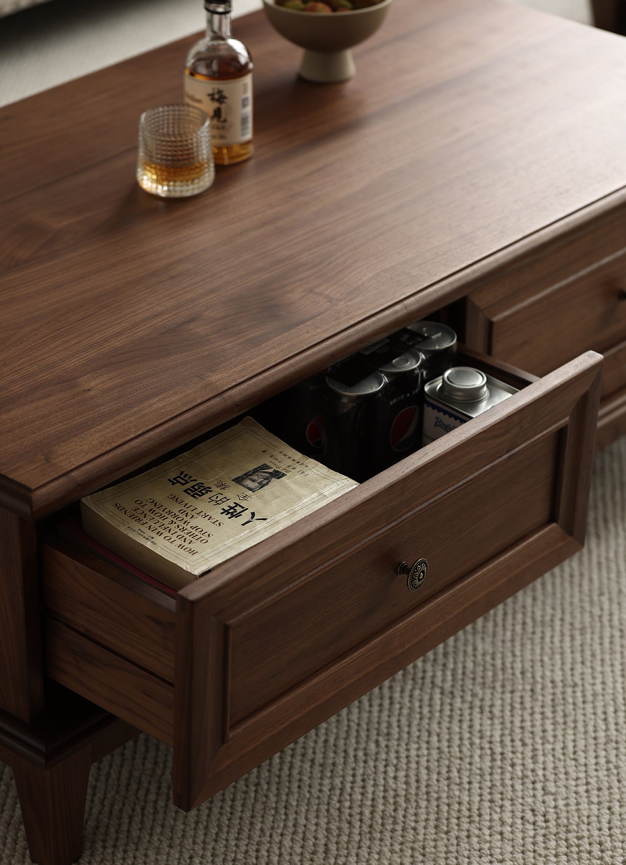 Mazonvintage-American Retro Black Walnut Wood Coffee Table with 2 Drawers
