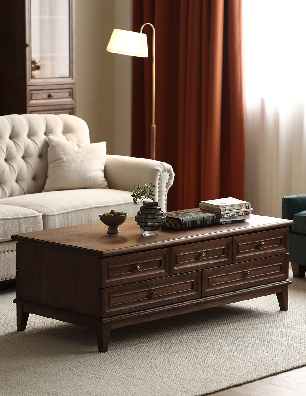 Mazonvintage-American Multi-Drawers Black Walnut Wood Coffee Table