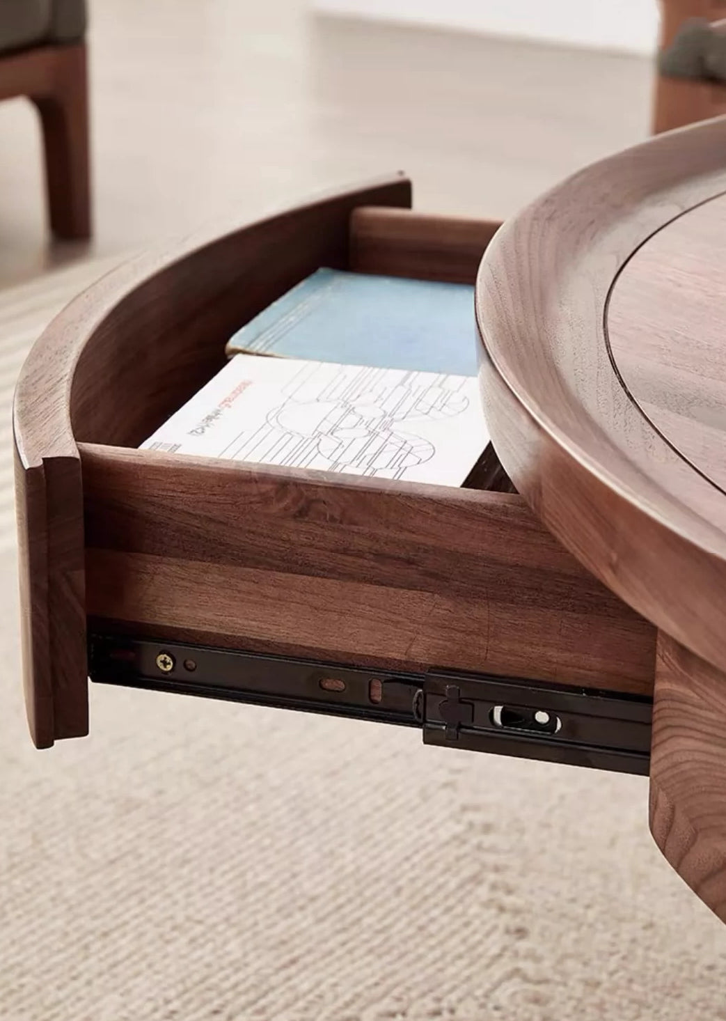 Mazonvintage-Three-Pronged Leg Black Walnut Wood Round Coffee Table