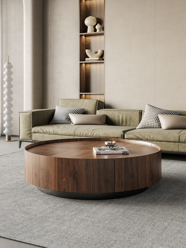 Mazonvintage-Epic Round Shape Dual-Drawers Solid Walnut Wood Coffee Table