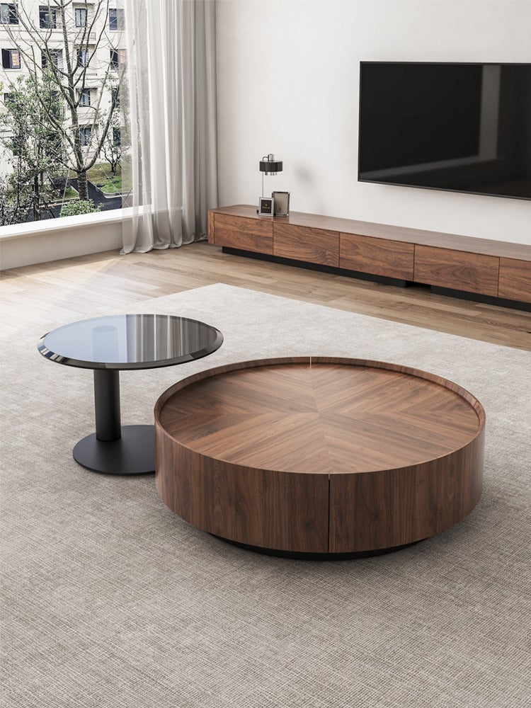 Mazonvintage-Epic Round Shape Dual-Drawers Solid Walnut Wood Coffee Table