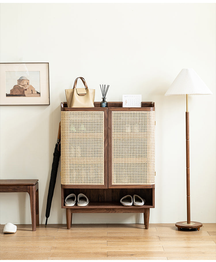 Mazonvintage-Epicure Solid Walnut Wood Rattan Shoe Cabinet