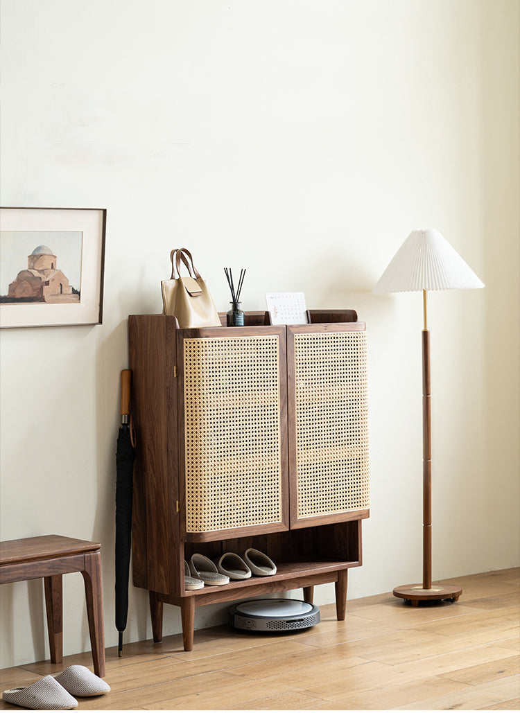 Mazonvintage-Epicure Solid Walnut Wood Rattan Shoe Cabinet