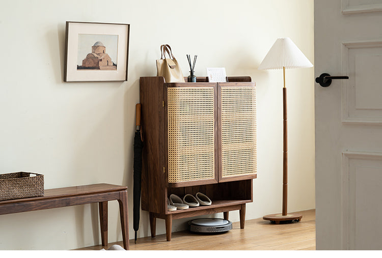 Mazonvintage-Epicure Solid Walnut Wood Rattan Shoe Cabinet