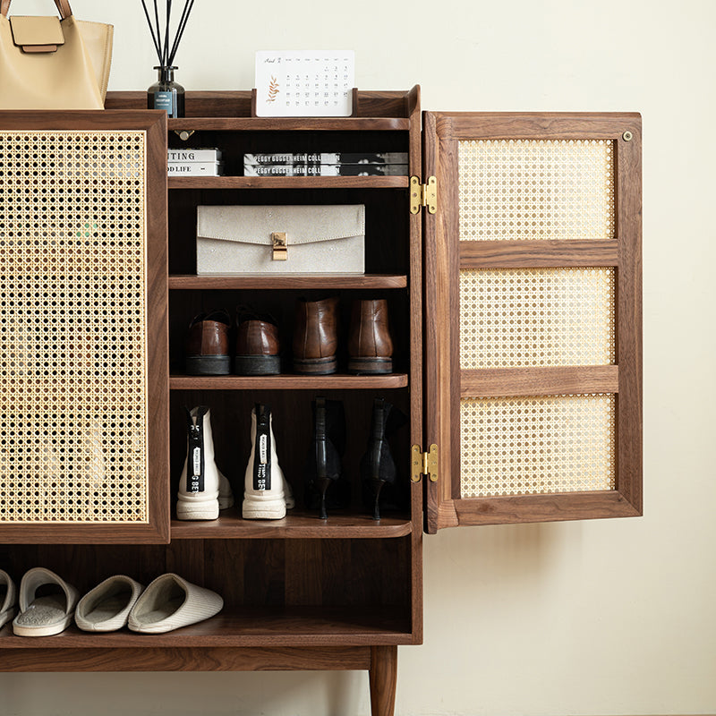 Mazonvintage-Epicure Solid Walnut Wood Rattan Shoe Cabinet