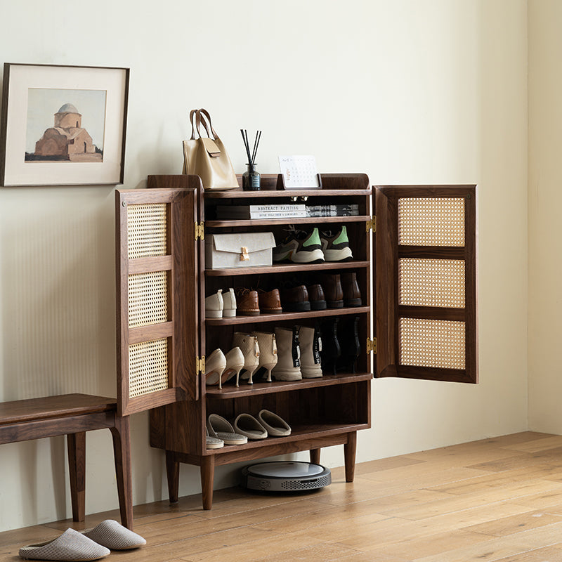 Mazonvintage-Epicure Solid Walnut Wood Rattan Shoe Cabinet