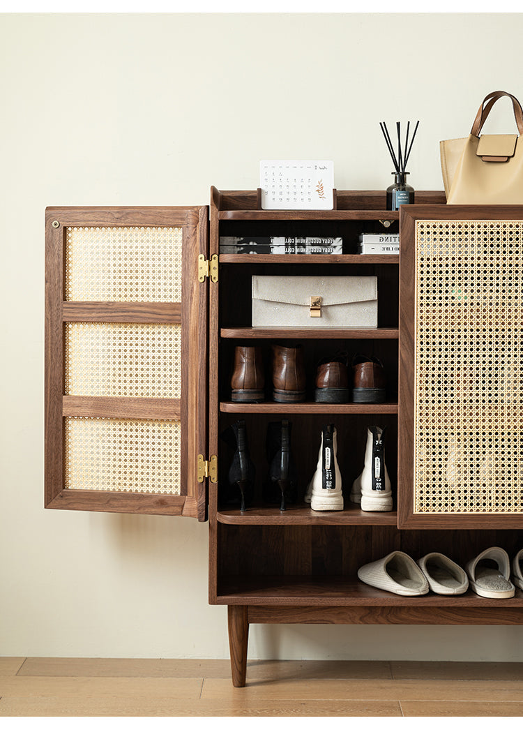 Mazonvintage-Epicure Solid Walnut Wood Rattan Shoe Cabinet