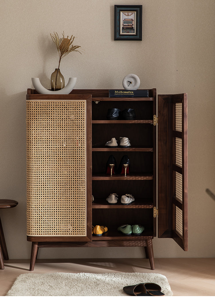 Mazonvintage-Japandi Walnut Wood Shoe Cabinet with Rattan Doors