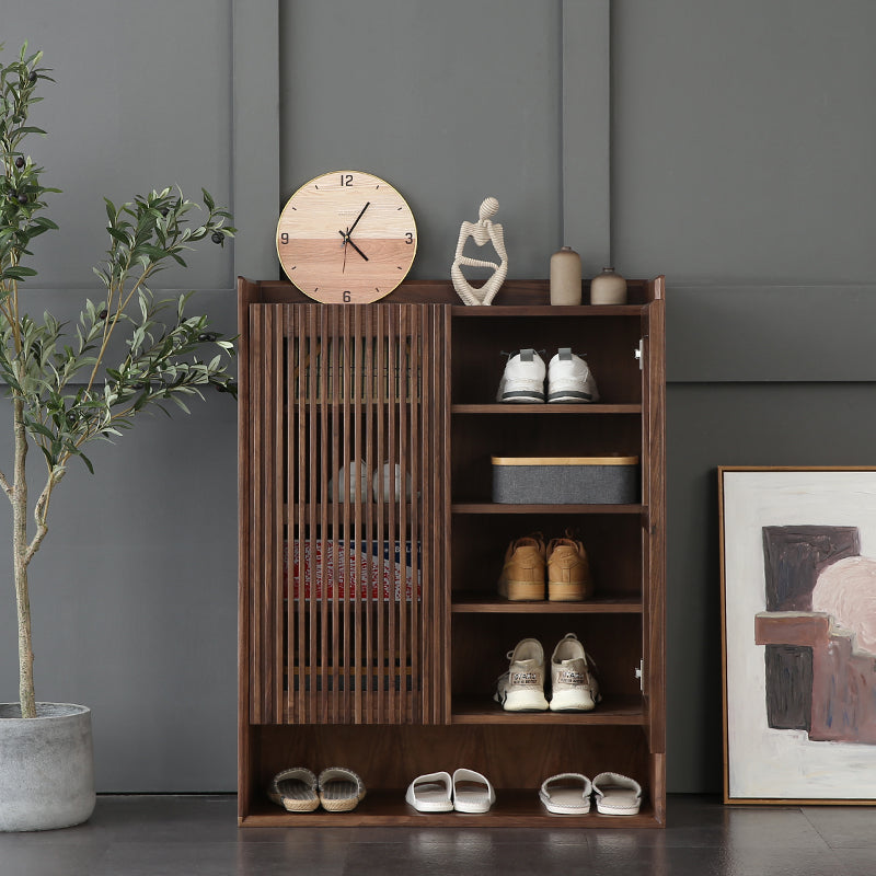 Mazonvintage-Japandi Grille Doors Walnut Shoe Cabinet