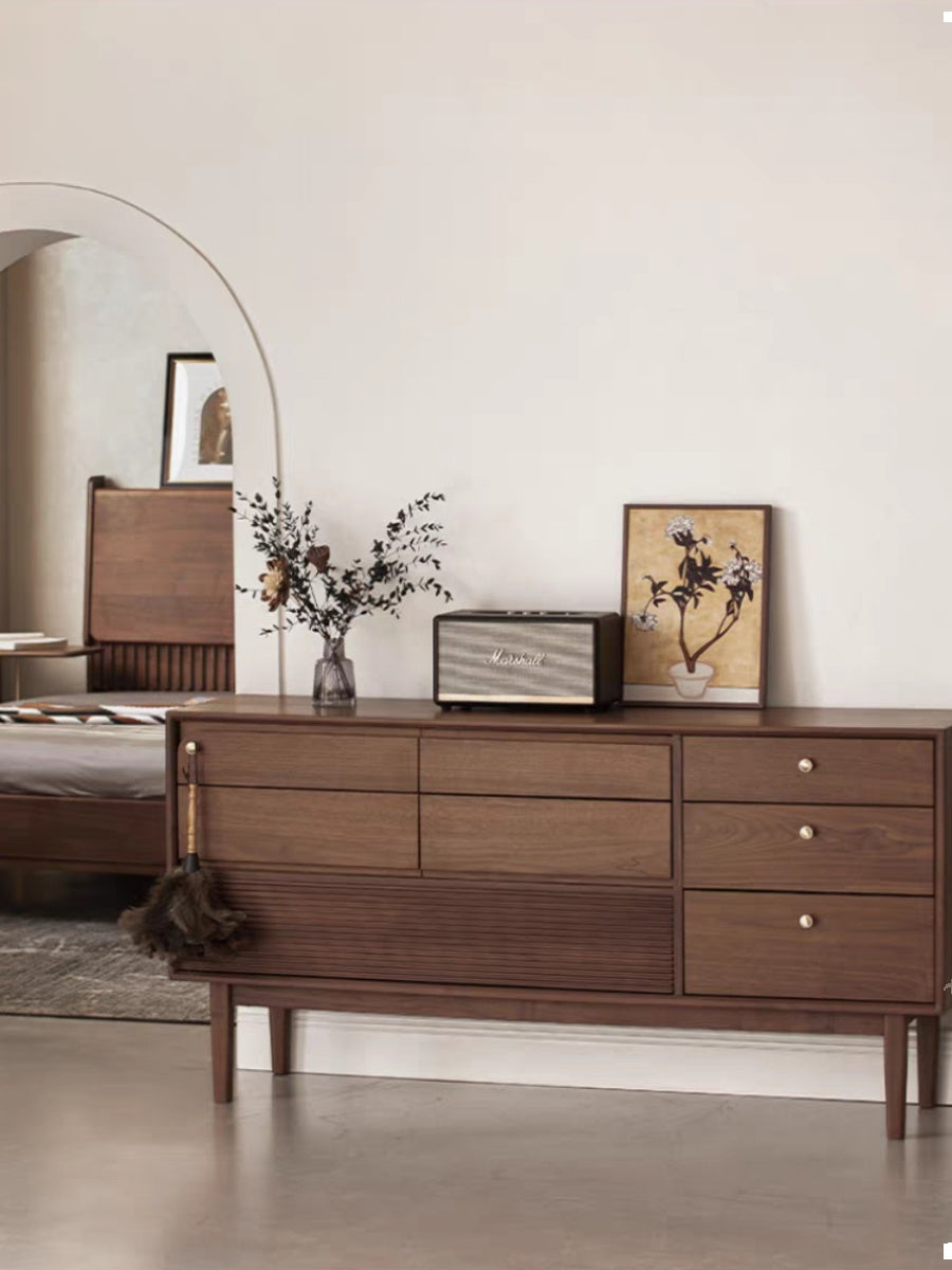 Mazonvintage-Glamour Multi-Drawers Black Walnut Wood Sideboard