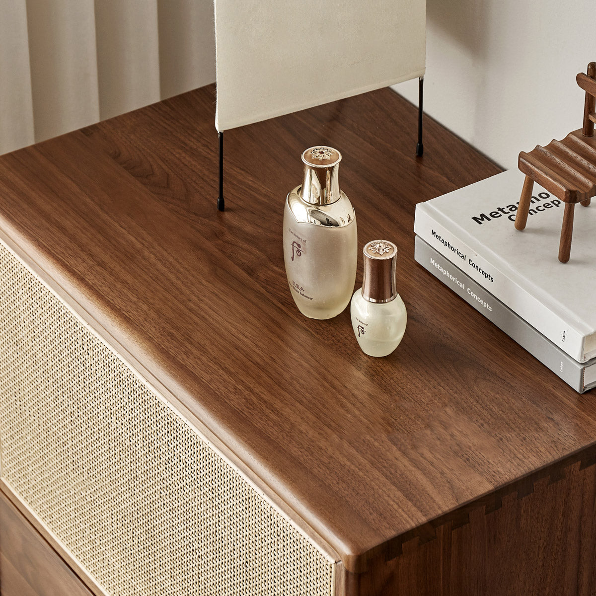 Mazonvintage-Finesse Solid Walnut Wood Tall Cabinet with Rattan Door