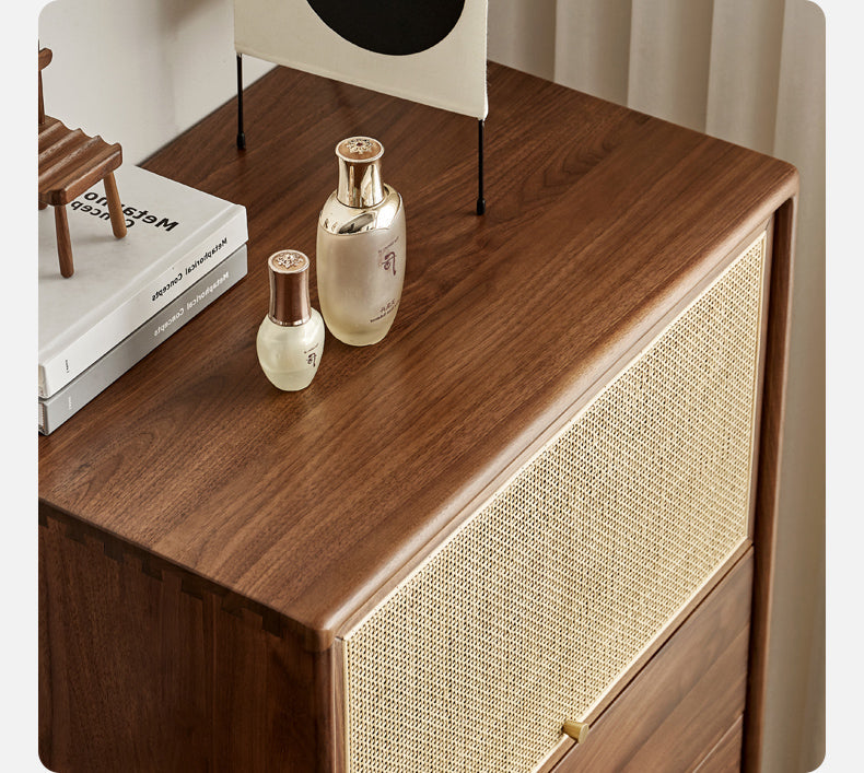 Mazonvintage-Finesse Solid Walnut Wood Tall Cabinet with Rattan Door