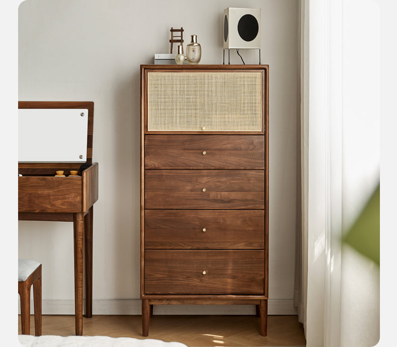 Mazonvintage-Finesse Solid Walnut Wood Tall Cabinet with Rattan Door