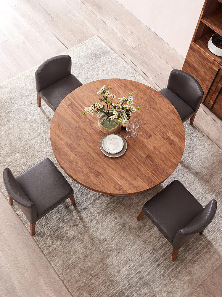 Mazonvintage-4 Triangle Pedestal Round Walnut Wood Dining Table