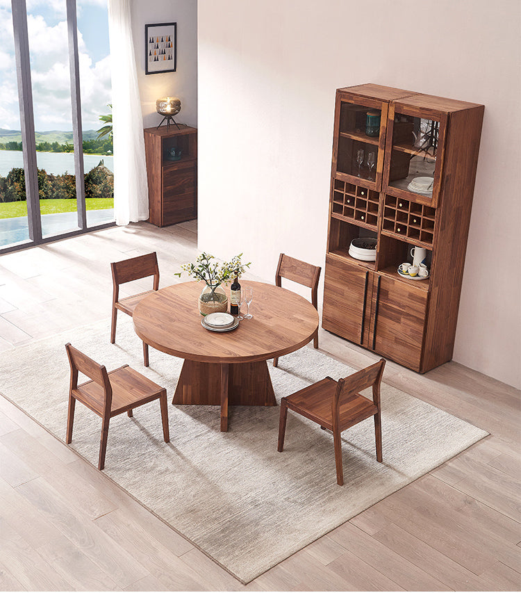 Mazonvintage-4 Triangle Pedestal Round Walnut Wood Dining Table