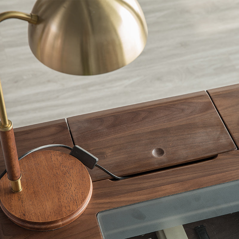 Mazonvintage-Future Walnut Wood Glass Surface Drawer Desk