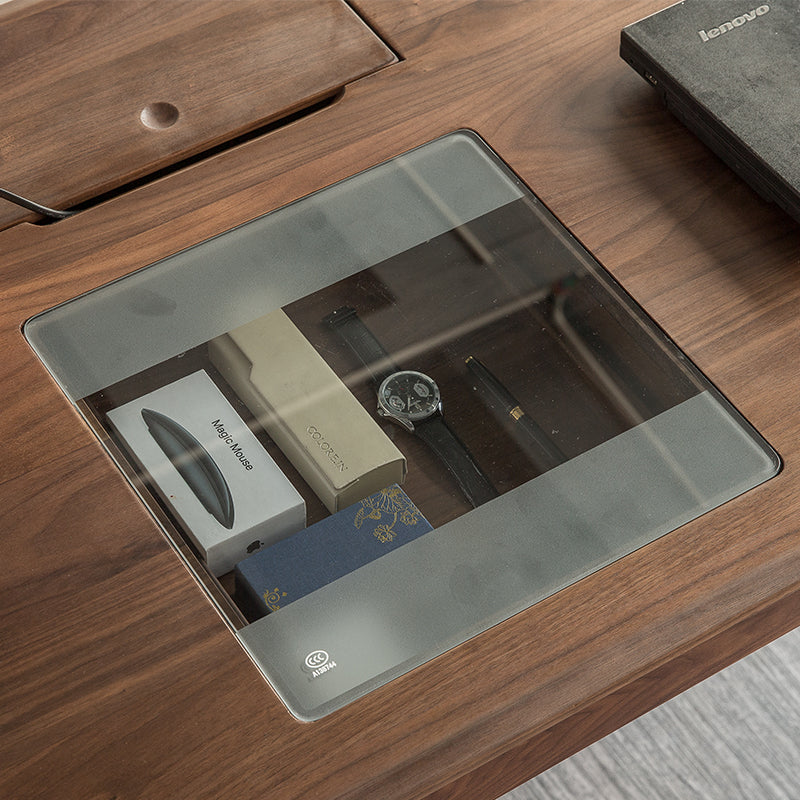 Mazonvintage-Future Walnut Wood Glass Surface Drawer Desk