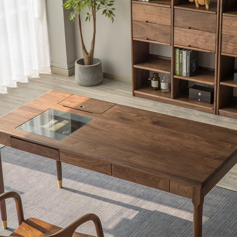 Mazonvintage-Future Walnut Wood Glass Surface Drawer Desk