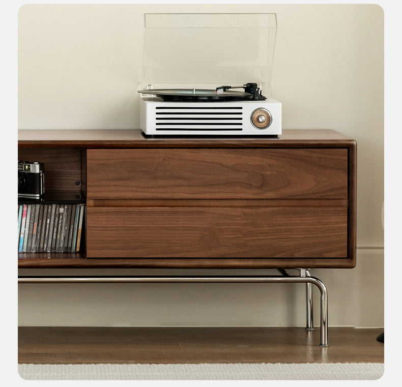 Mazonvintage-Contemporary Walnut Wood TV Stand with Silver Legs