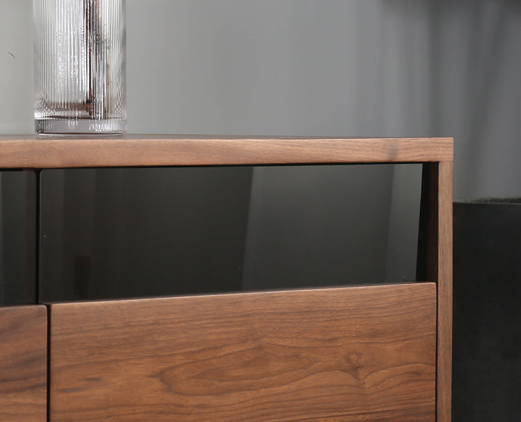 Mazonvintage-Elegant Glass Top with Drawers Walnut Wood TV Stand