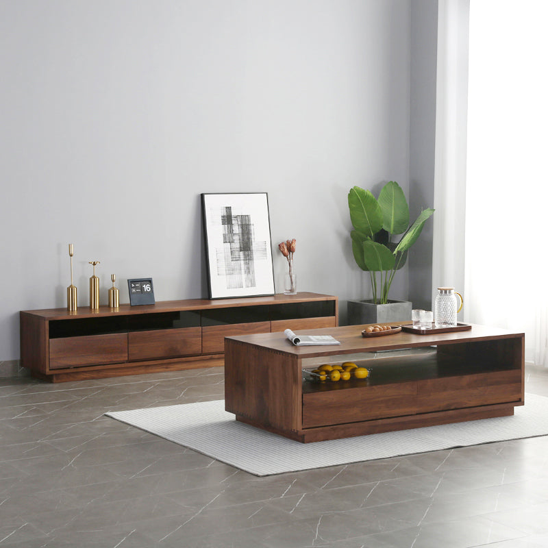 Mazonvintage-Elegant Glass Top with Drawers Walnut Wood TV Stand
