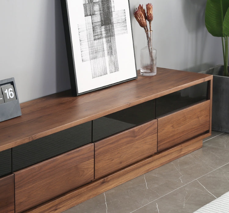 Mazonvintage-Elegant Glass Top with Drawers Walnut Wood TV Stand