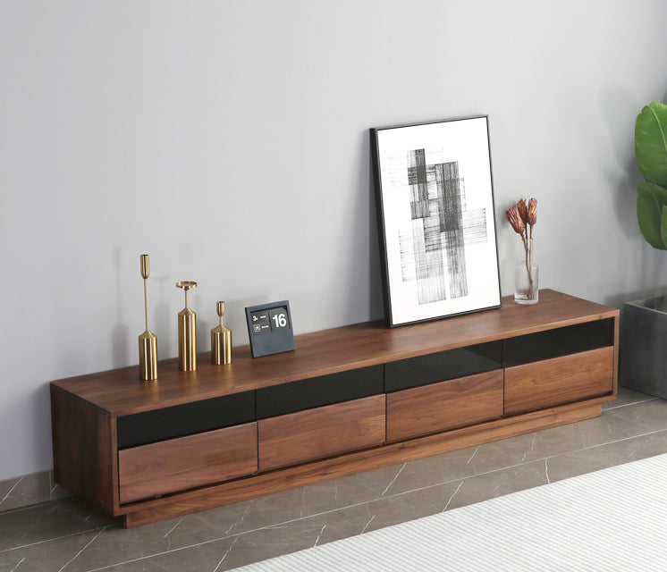 Mazonvintage-Elegant Glass Top with Drawers Walnut Wood TV Stand