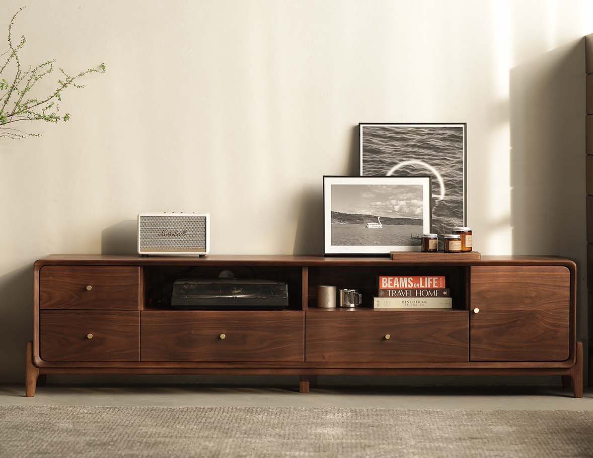 Mazonvintage-Venture Round Edge Walnut Wood TV Stand with T-Leg