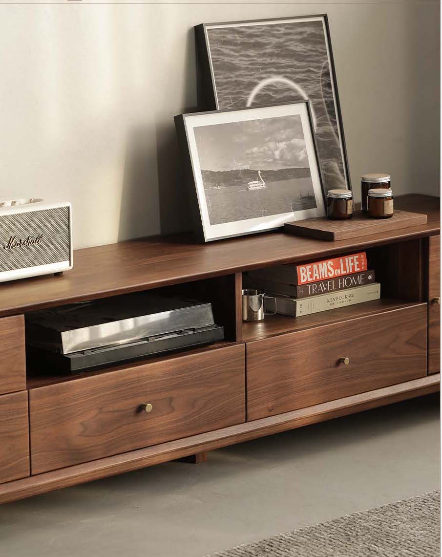 Mazonvintage-Venture Round Edge Walnut Wood TV Stand with T-Leg