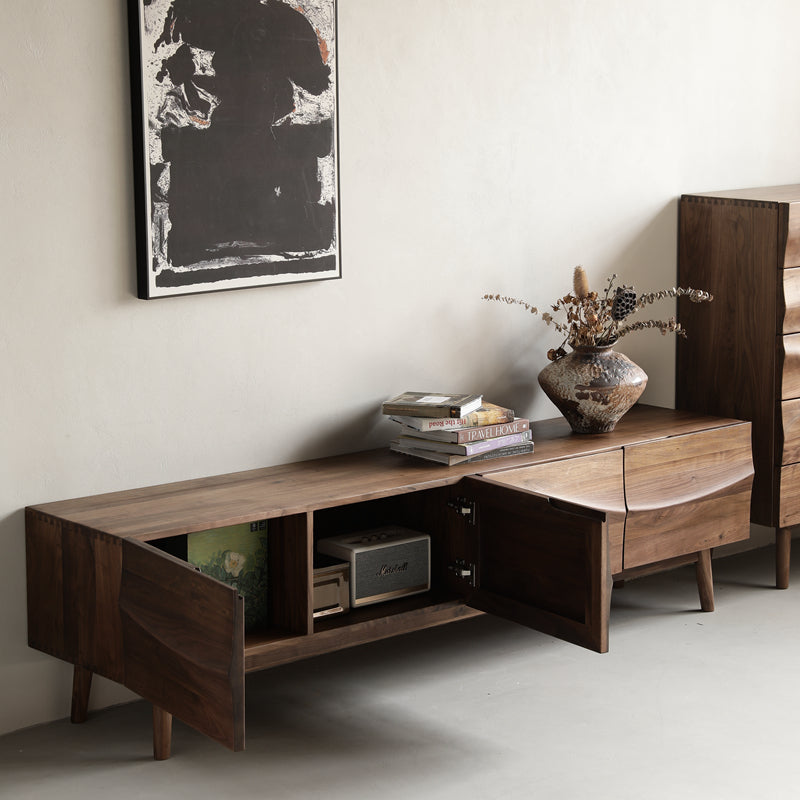 Mazonvintage-Align Wave Design Solid Black Walnut Wood TV Stand
