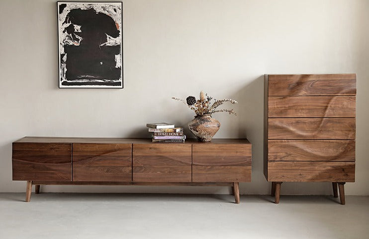 Mazonvintage-Align Wave Design Solid Black Walnut Wood TV Stand