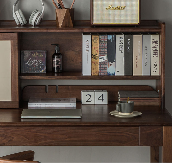 Mazonvintage-Dreamer Dual Layers Solid Walnut Wood Desk with Hutch
