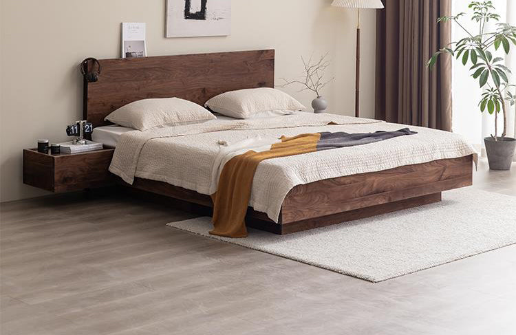 Mazonvintage-Modern Walnut Wood Platform Bed with Storage